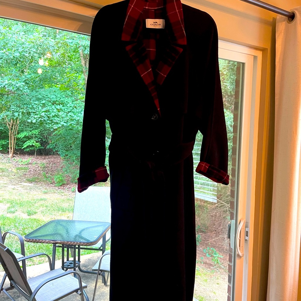Women’s Coach Relaxed fit large Never Worn Wool Belted Trench Red Plaid Trim - Picture 7 of 11